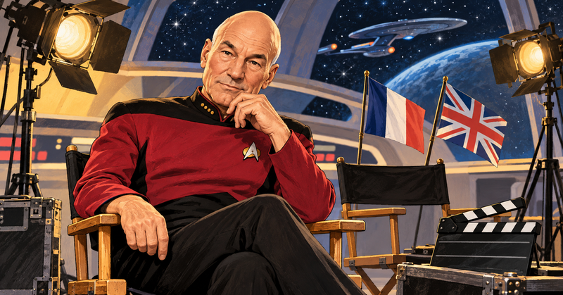 Editorial illustration of Patrick Stewart as a space captain on a casting set, with French and British flags