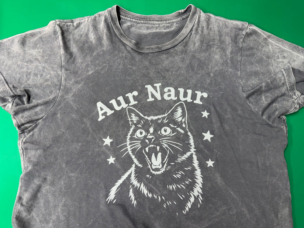 Washed gray T-shirt with white Aur Naur lettering, a startled cat illustration, and stars.
