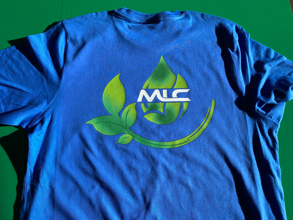 Back of a royal blue landscaping work shirt with a large green leaf-and-water-drop logo and white lettering.