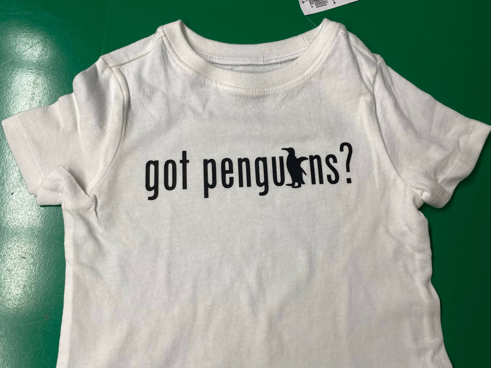 White T-shirt with black got penguins lettering and a penguin silhouette incorporated into the design.