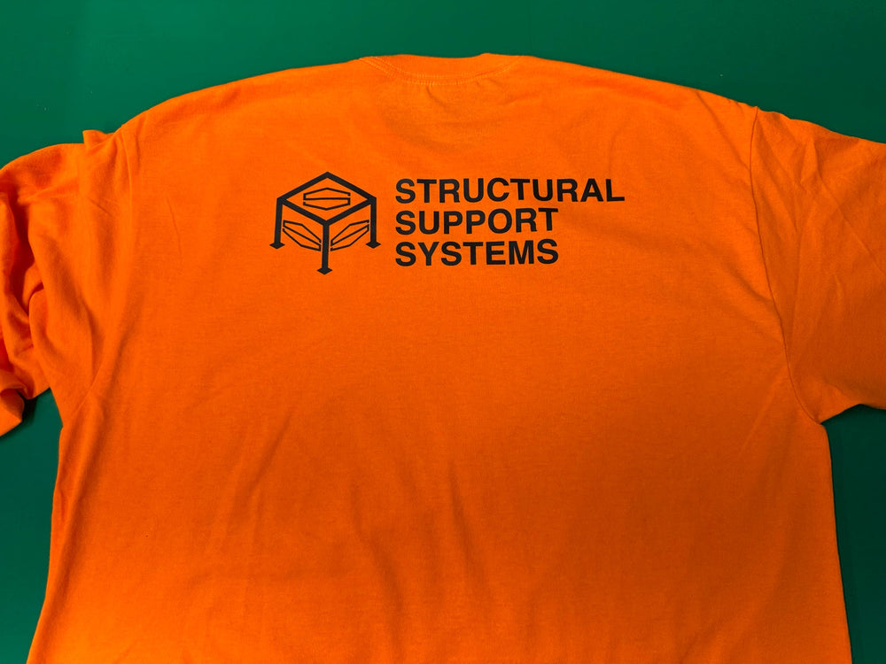 Back of a bright orange shirt with a black Structural Support Systems upper-back logo, printed by Minty Tees for Seizmic.