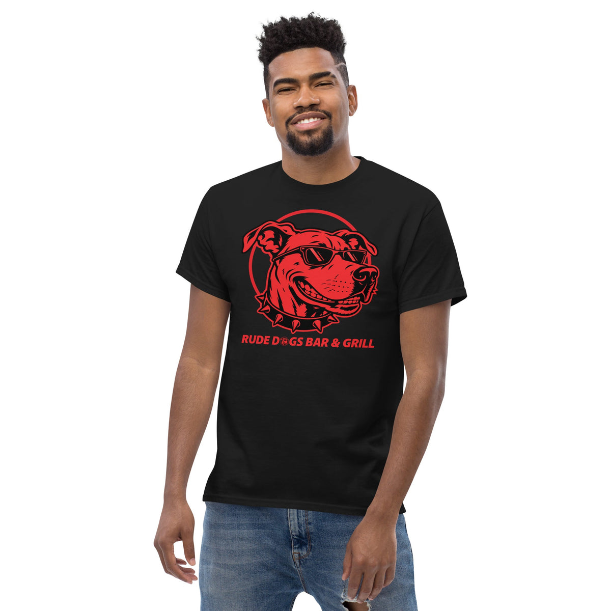Rude Dog 2026 classic T-shirt on a model, with one large red dog graphic on the front