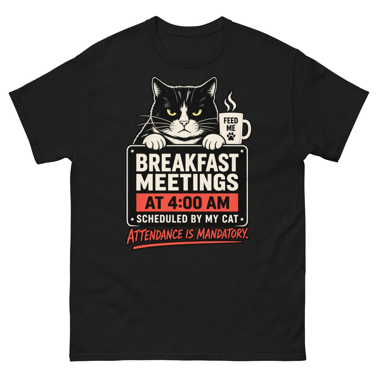 Breakfast Meetings at 4:00 AM – Scheduled by My Cat design on a black classic tee, with a stern tuxedo cat and Feed Me mug