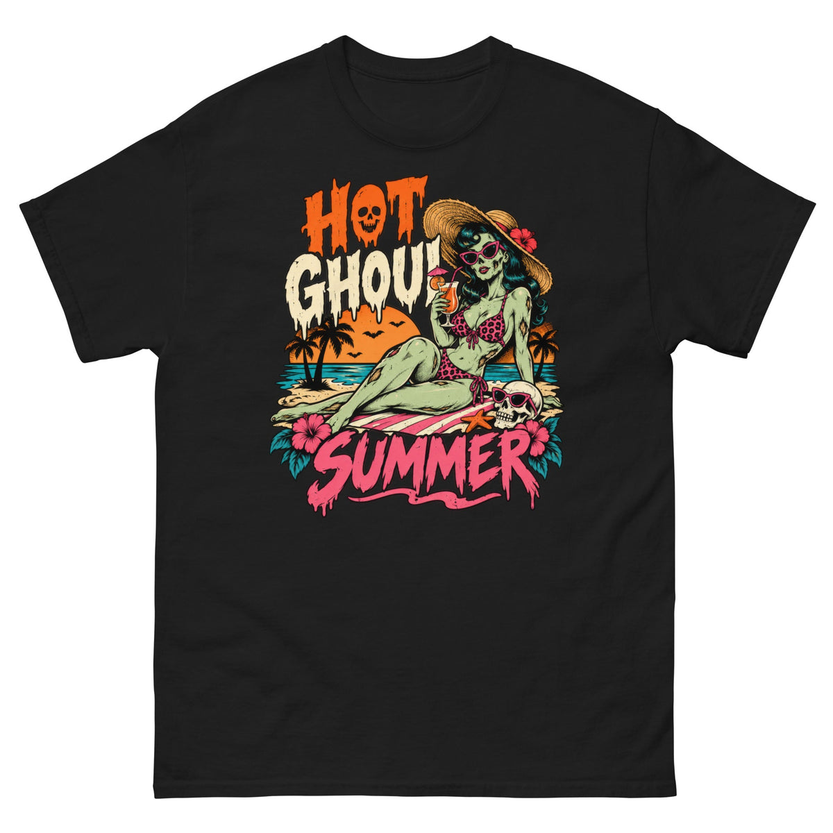 Black classic T-shirt featuring the Hot Ghoul Summer design: a green-skinned zombie pin-up in a straw sun hat and polka-dot bikini on the beach beside a skull.