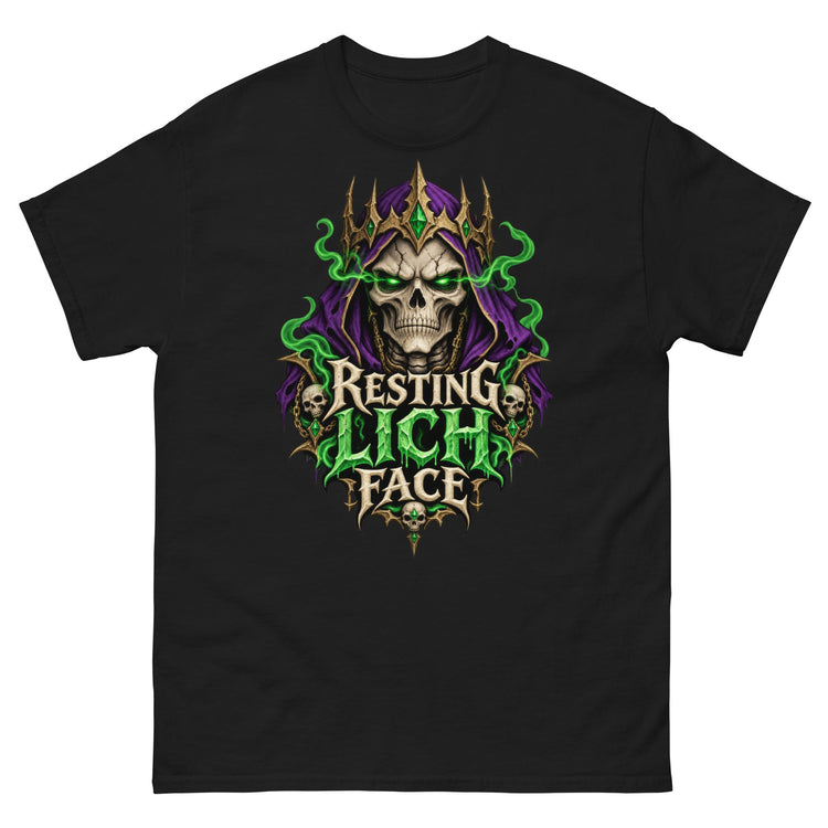Black classic T-shirt featuring a crowned skull lich in a purple hood with glowing green eyes above dripping green lettering that reads Resting Lich Face