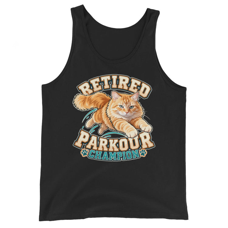 Retired Parkour Champion tank top featuring Puff the cat