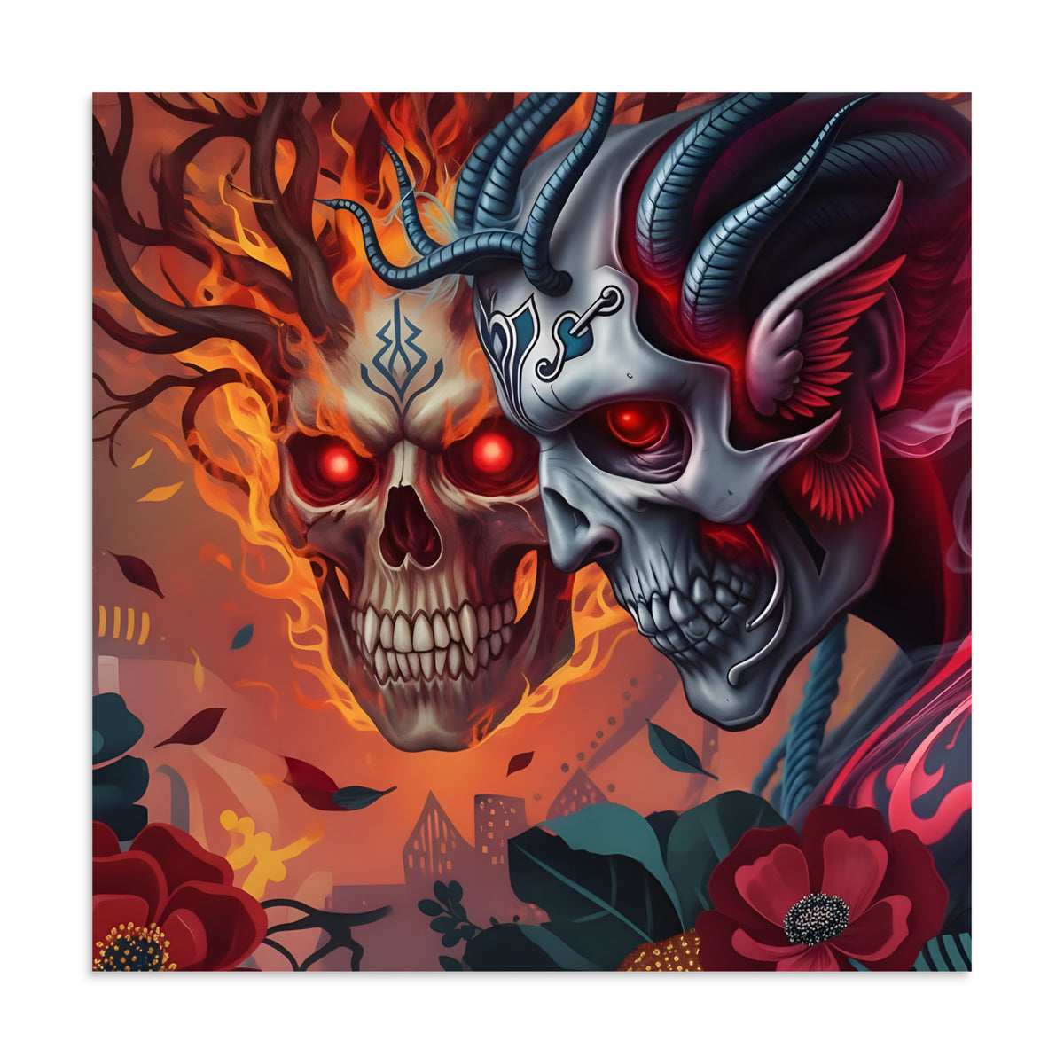 Infernal Duality Power and Light poster featuring two fiery skulls, one engulfed in flames and one armored with horns, symbolizing the contrast between power and light.