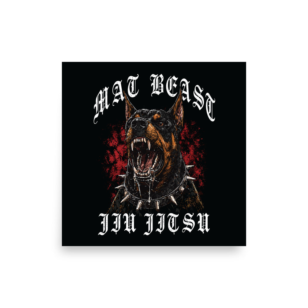 Mat Beast Doberman Jiu Jitsu poster featuring a fierce Doberman illustration with spiked collar and red background.