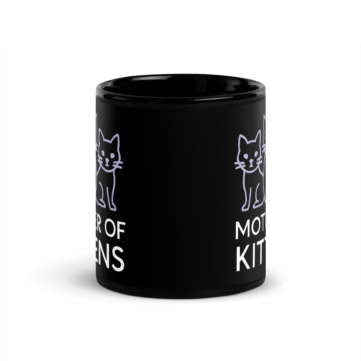 Black glossy mug, 11 oz, front view, featuring the Mother of Kittens Three Cats design