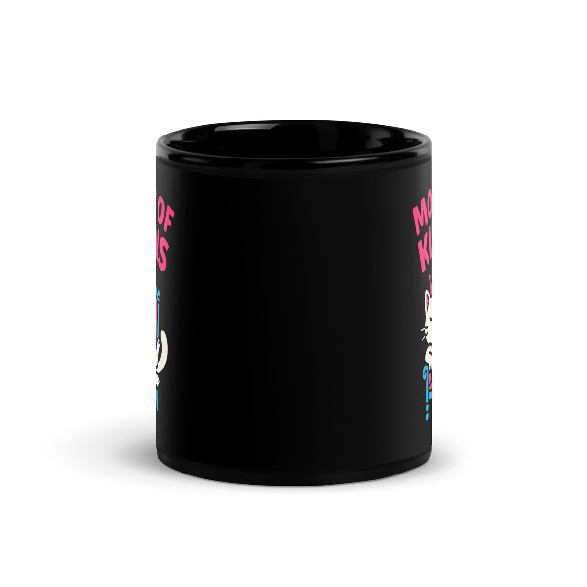 Black glossy mug, 11 oz, front view, featuring the Mother of Kittens Queen Cat design
