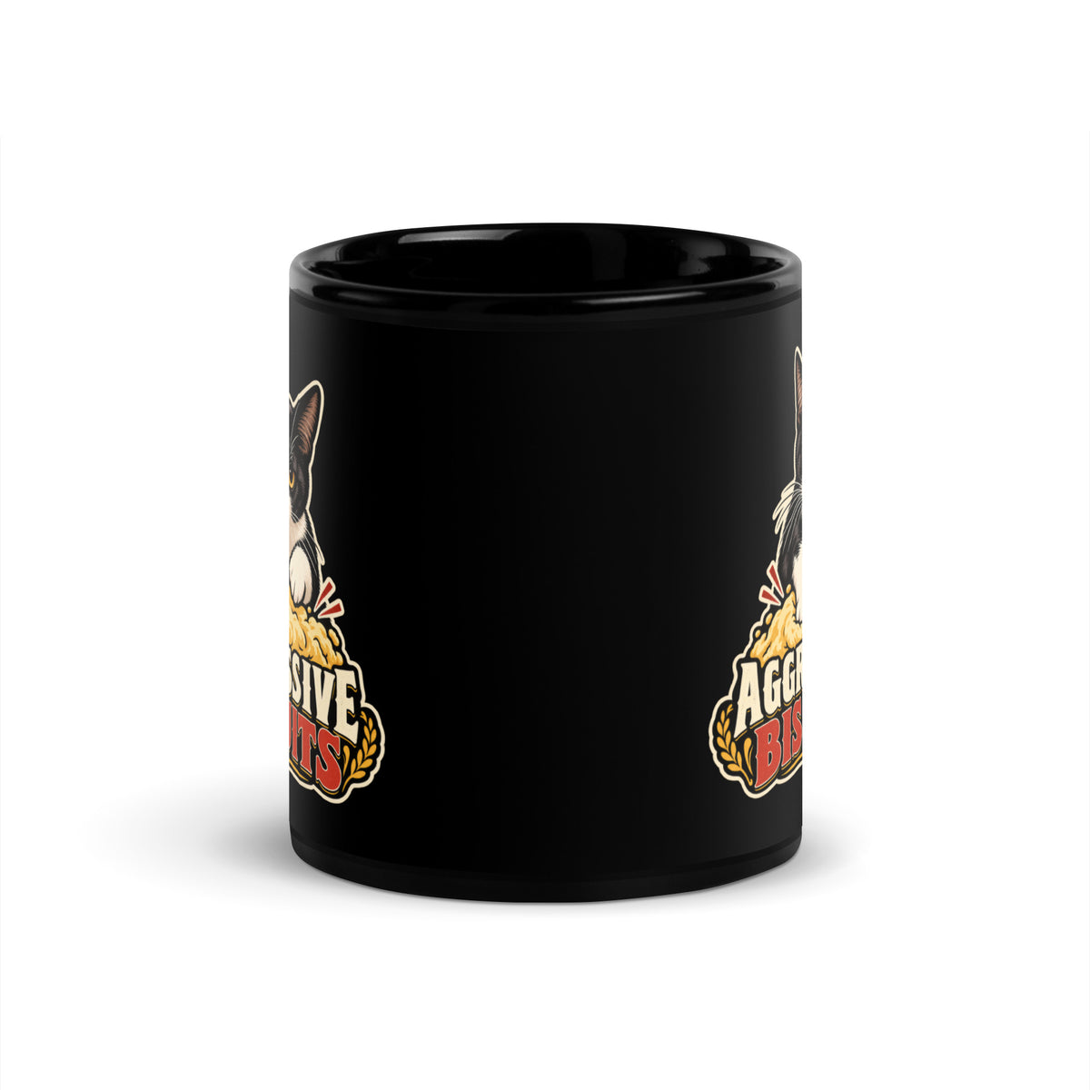 Black glossy mug, 11 oz, front view, featuring the Aggressive Biscuits kneading tuxedo cat design