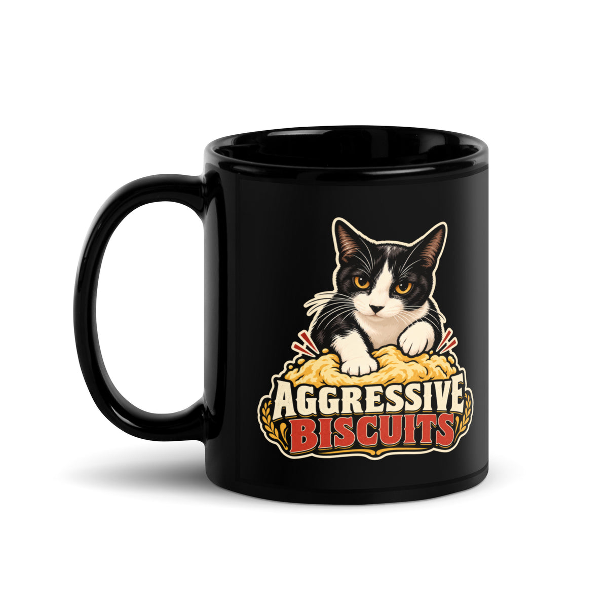 Black glossy mug, 11 oz, handle on left view, featuring the Aggressive Biscuits kneading tuxedo cat design