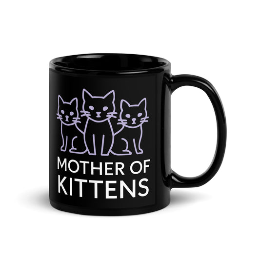 Black glossy mug, 11 oz, handle on right view, featuring three lavender line-art cats above white Mother of Kittens lettering