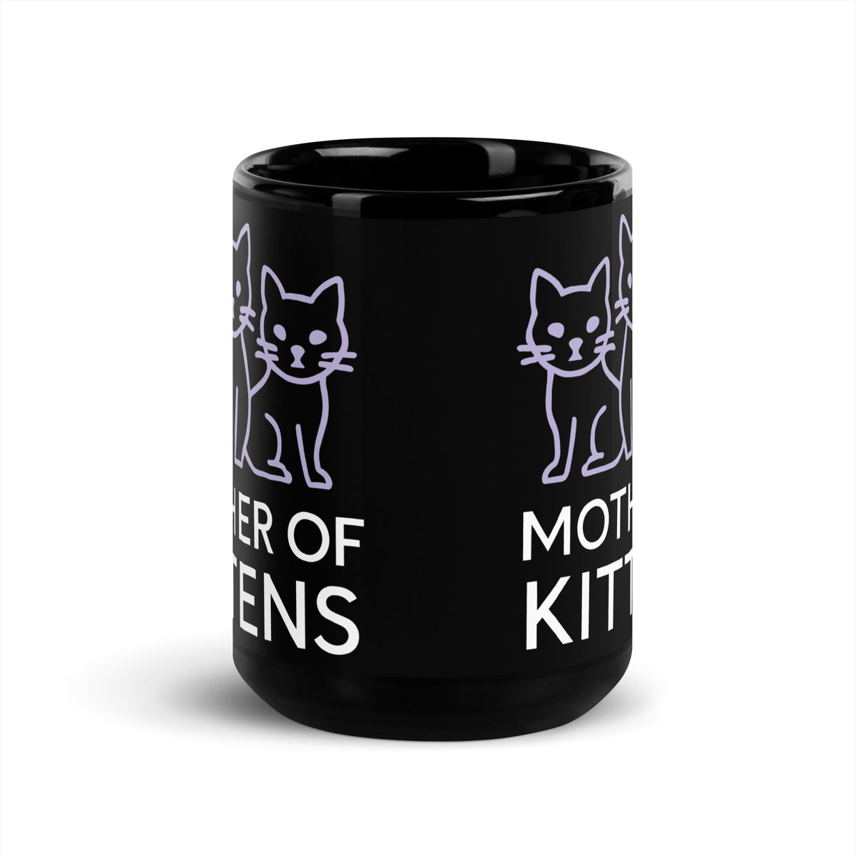 Black glossy mug, 15 oz, front view, featuring the Mother of Kittens Three Cats design