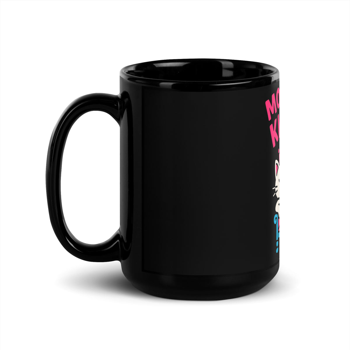 Black glossy mug, 15 oz, handle on left view, featuring the Mother of Kittens Queen Cat design