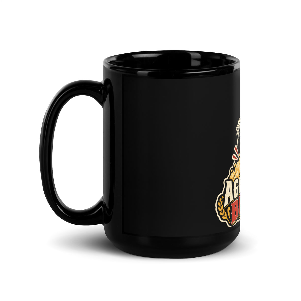 Black glossy mug, 15 oz, handle on left view, featuring the Aggressive Biscuits kneading tuxedo cat design