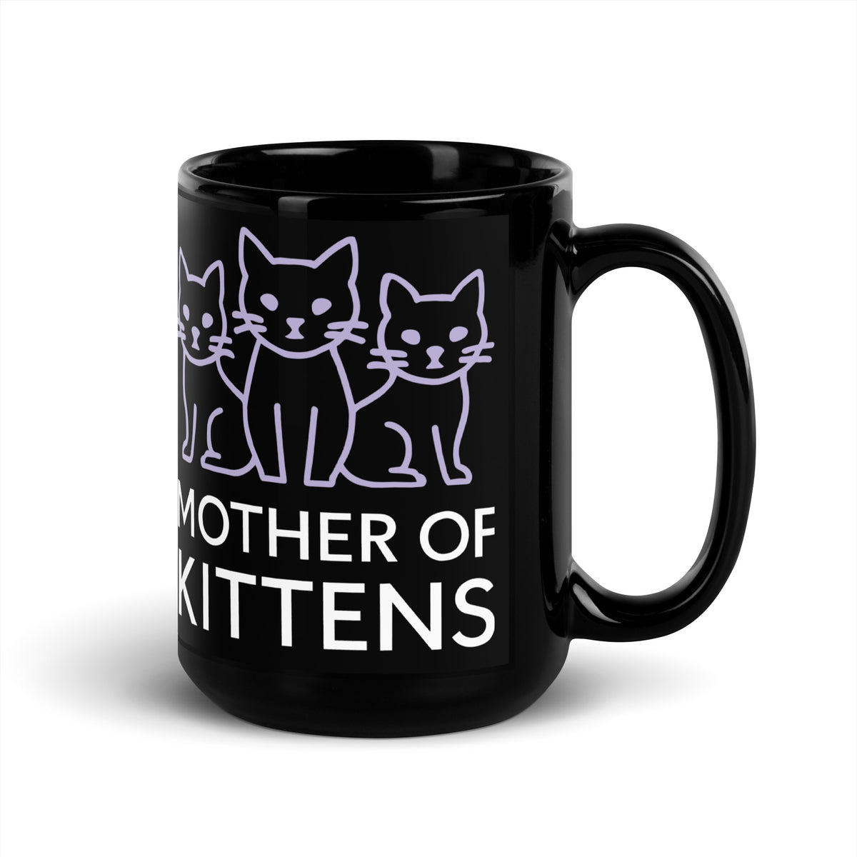 Black glossy mug, 15 oz, handle on right view, featuring the Mother of Kittens Three Cats design