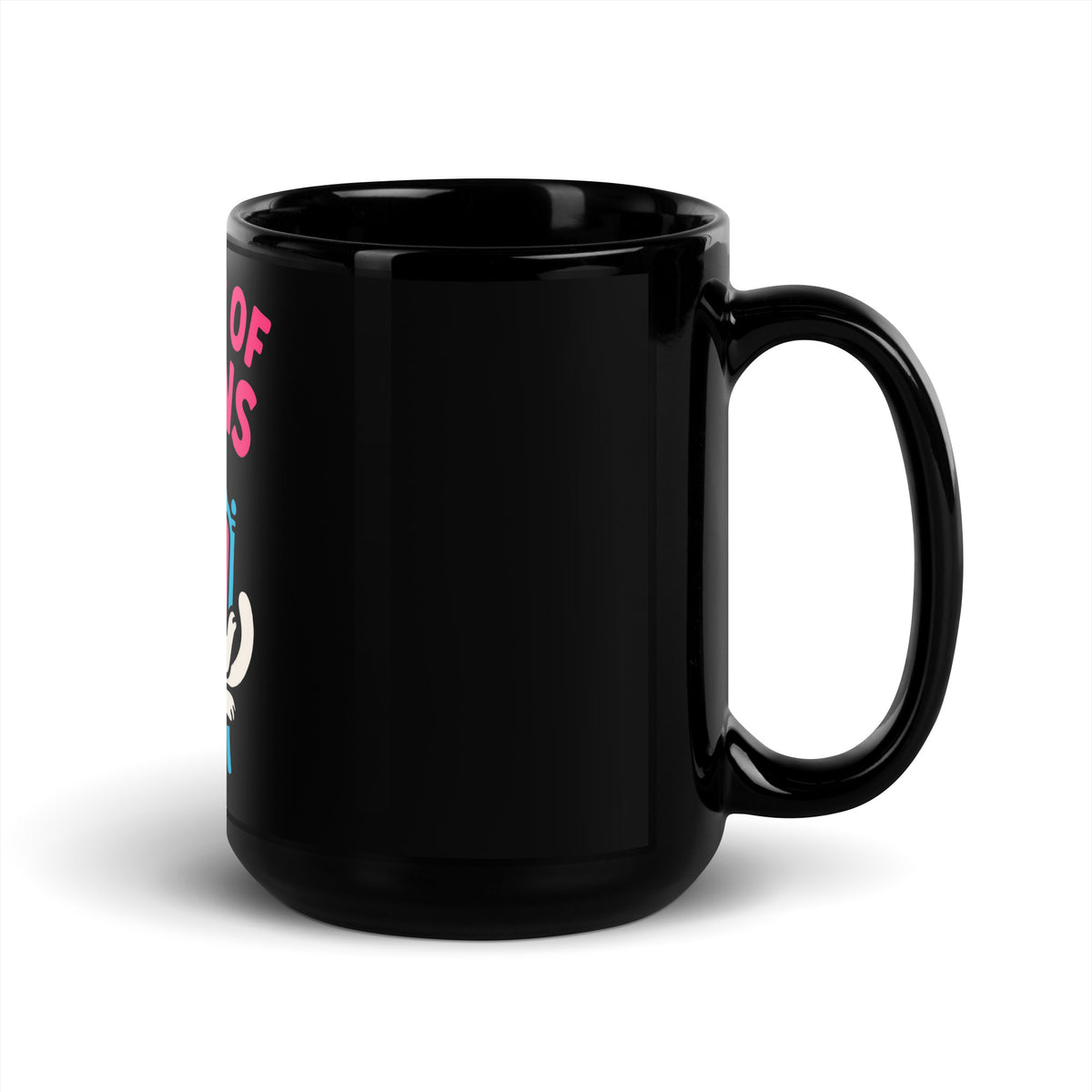 Black glossy mug, 15 oz, handle on right view, featuring the Mother of Kittens Queen Cat design