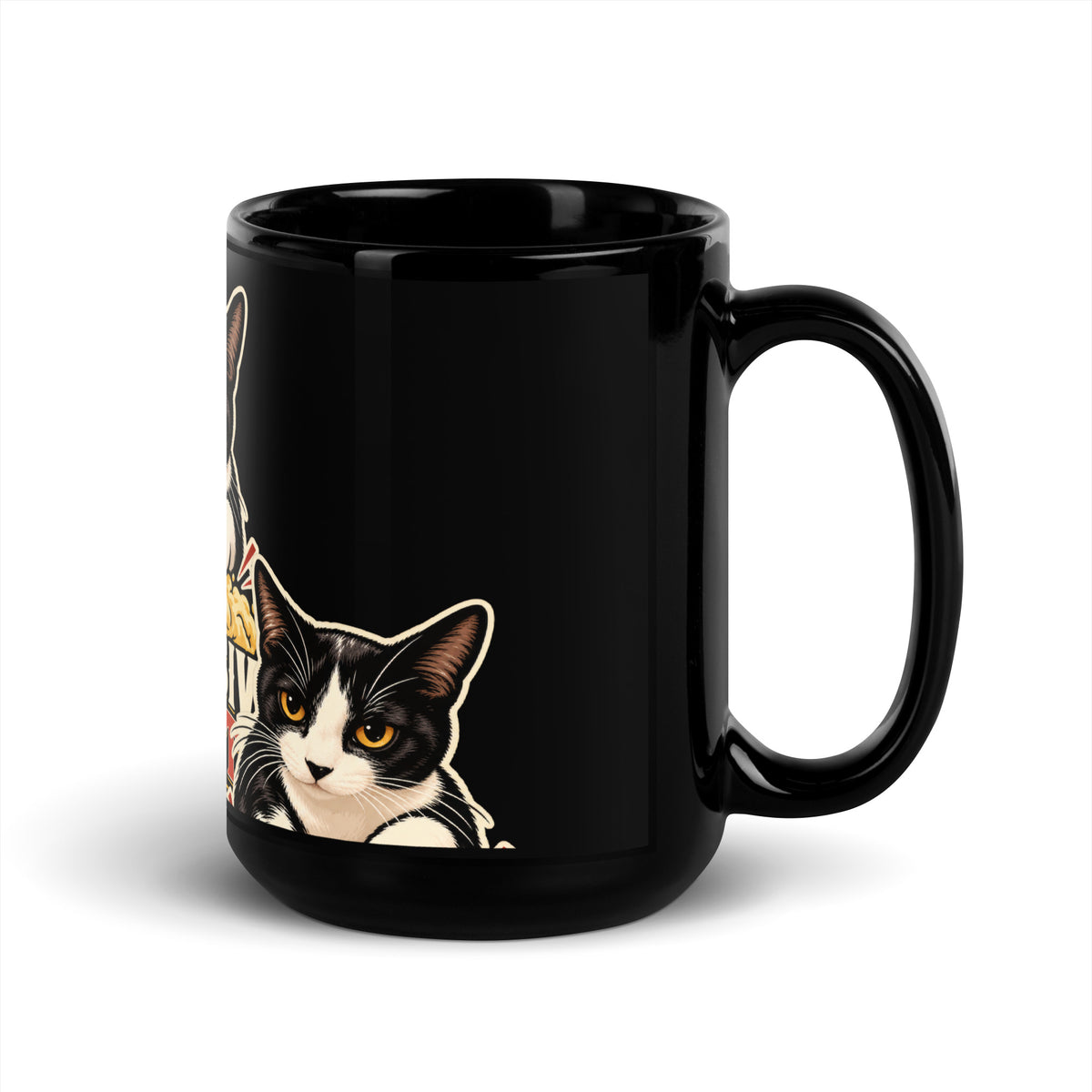 Black glossy mug, 15 oz, handle on right view, featuring the Aggressive Biscuits kneading tuxedo cat design