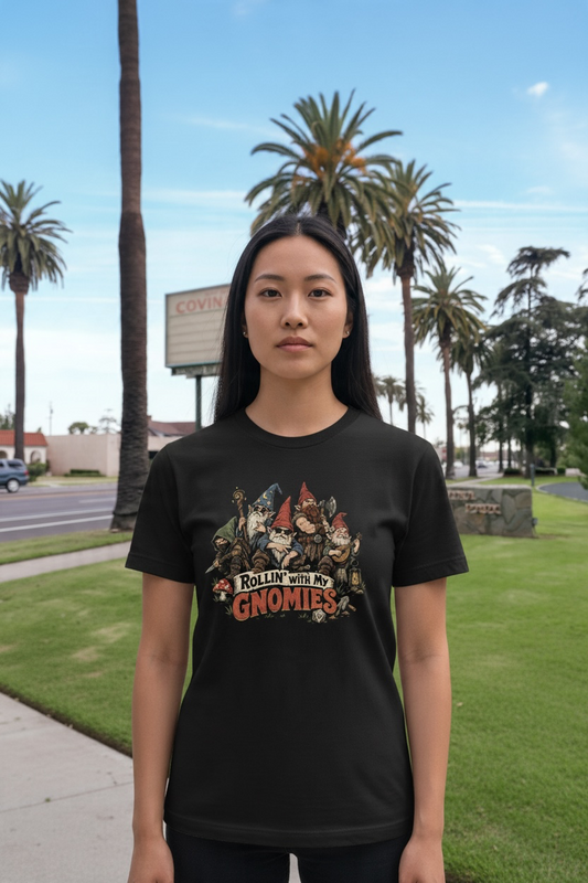 Woman wearing the black Rollin' with My Gnomies women's tee on a palm-lined street in Covina, California
