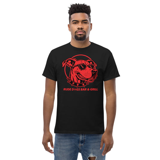 Rude Dog 2026 Classic T-Shirt in black, front view, with red dog graphic and Rude Dogs Bar & Grill lettering