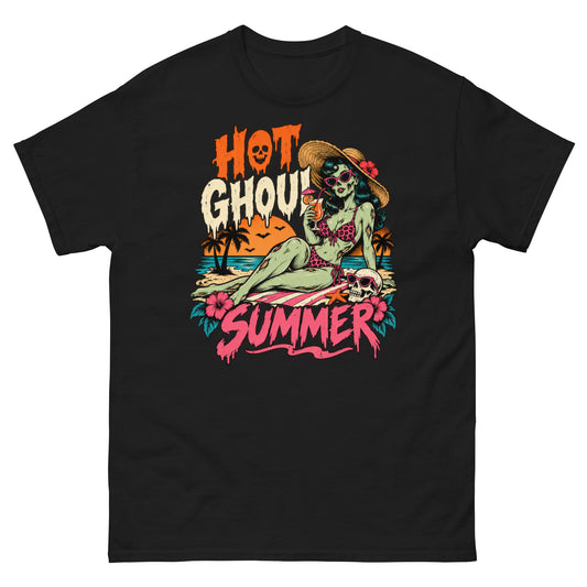 Black classic T-shirt, front view, featuring a green-skinned zombie pin-up in a straw sun hat and polka-dot bikini lounging on the beach beside a skull, with Hot Ghoul Summer lettering