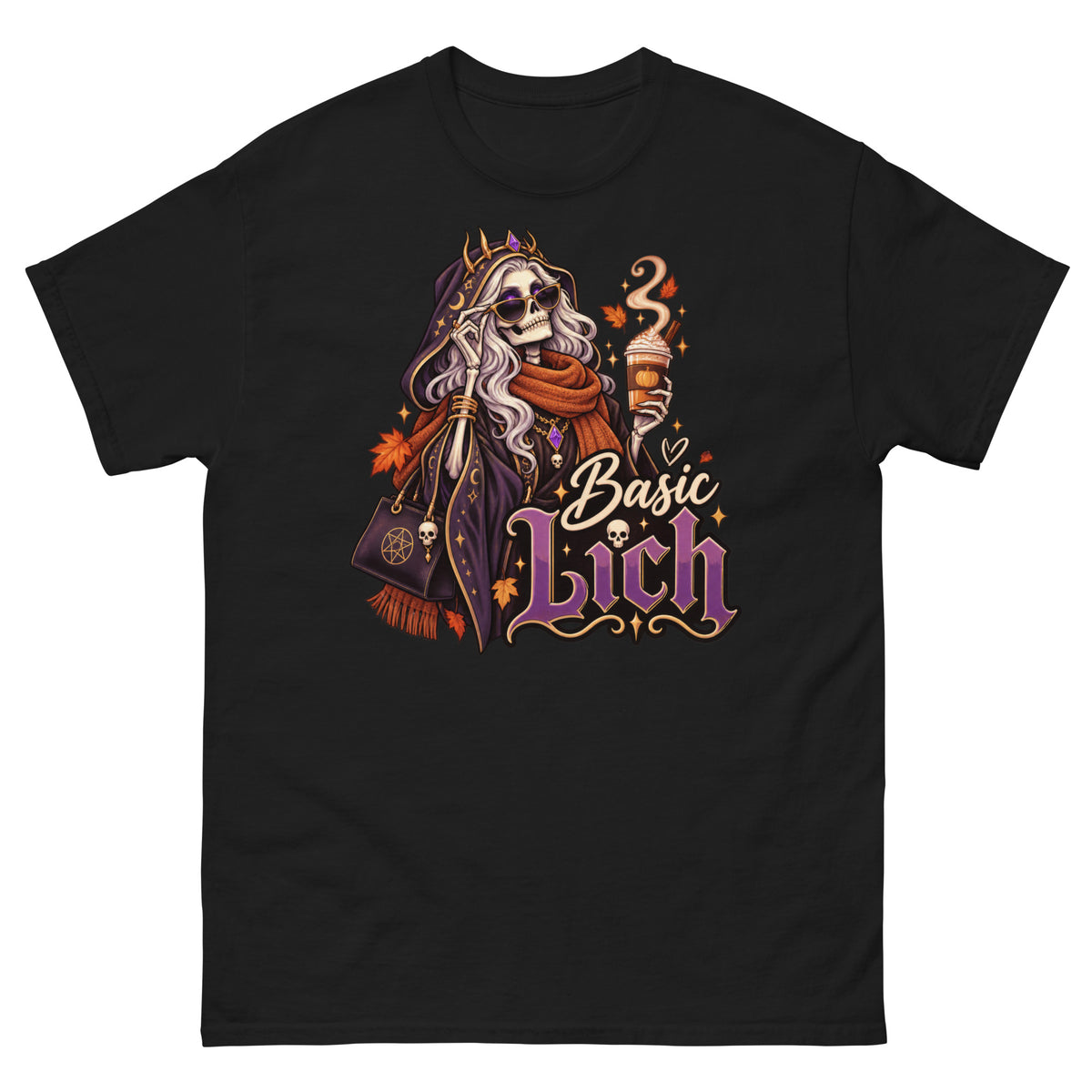 Black classic T-shirt, front view, featuring a crowned skeleton lich queen in sunglasses and an orange scarf holding a pumpkin spice latte, with the words Basic Lich