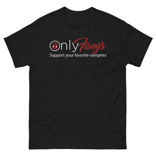 Black classic T-shirt, front view, featuring OnlyFangs in gothic script lettering with a dripping padlock icon
