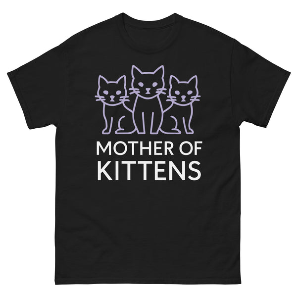 Black classic T-shirt, front view, featuring three lavender line-art cats above white Mother of Kittens lettering