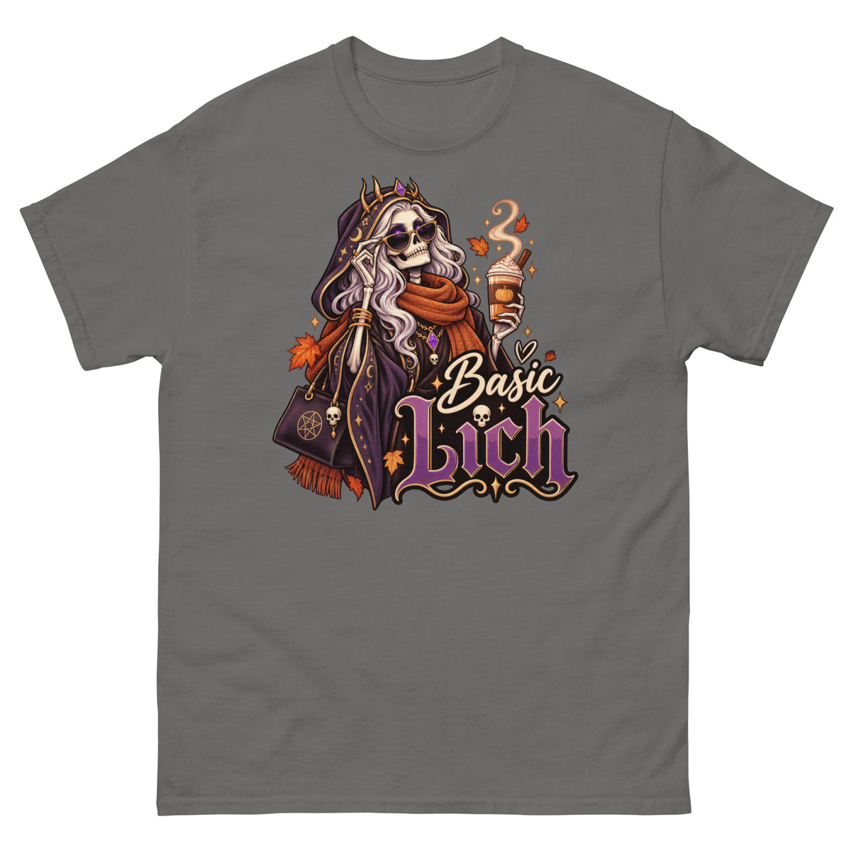Charcoal classic T-shirt, front view, featuring the Basic Lich pumpkin spice skeleton design