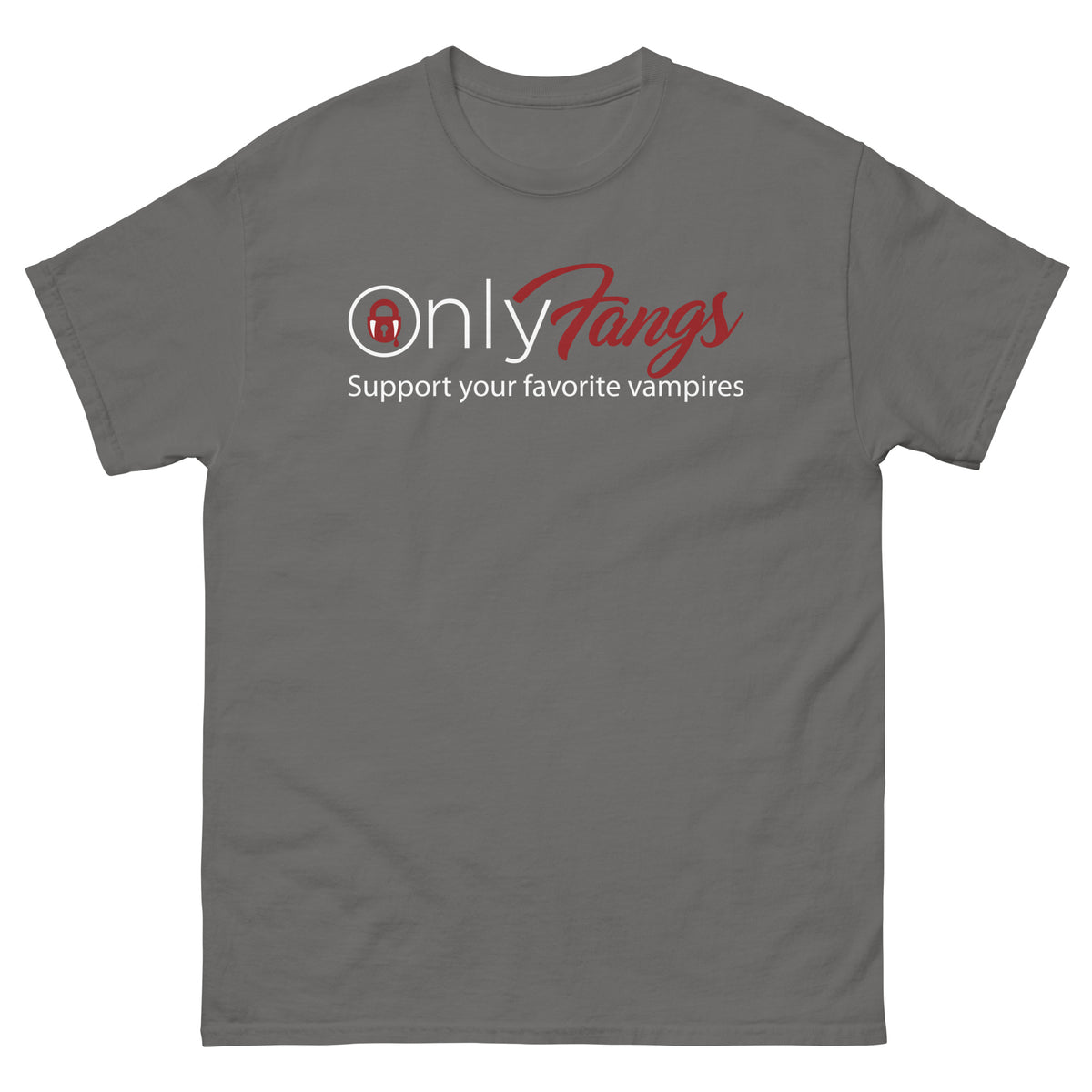 Charcoal classic T-shirt, front view, featuring the OnlyFangs vampire design