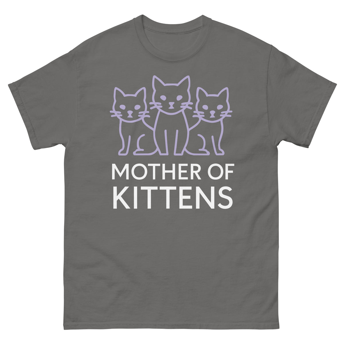 Charcoal classic T-shirt, front view, featuring the Mother of Kittens Three Cats design