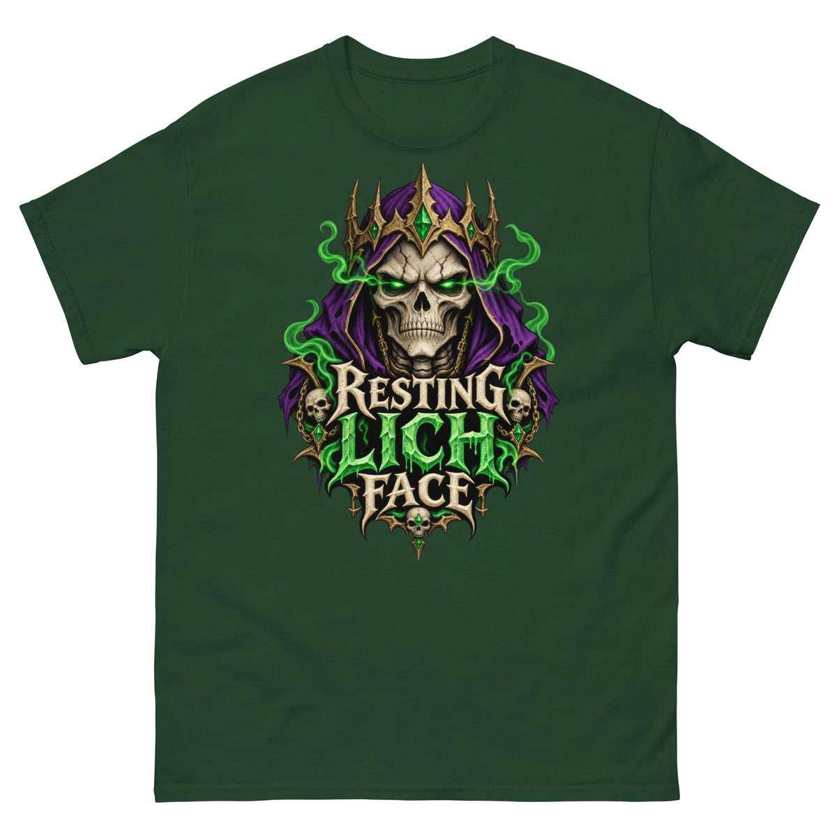Forest Green classic T-shirt, front view, featuring the Resting Lich Face crowned skull lich design