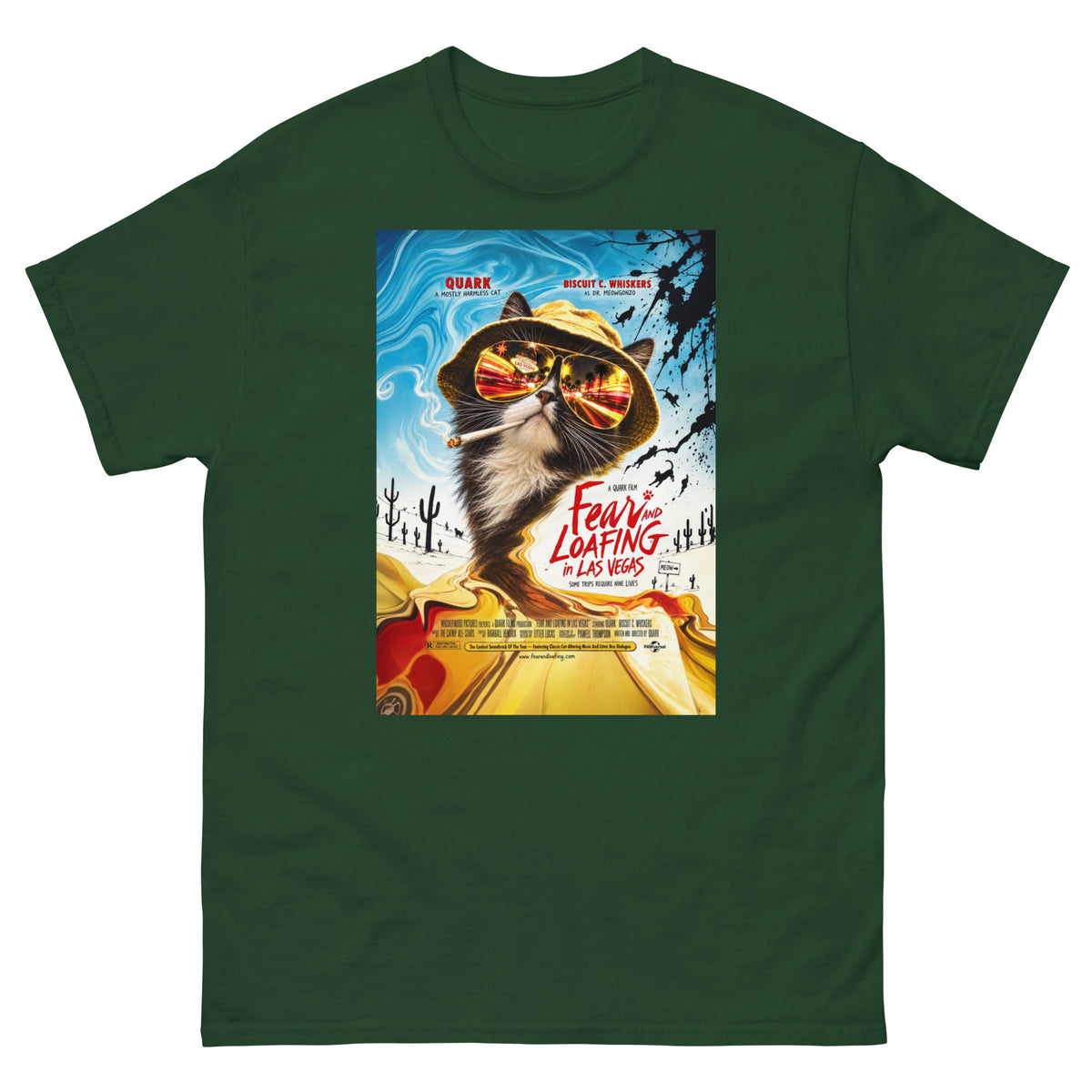 Forest Green classic T-shirt, front view, featuring the Fear and Loafing in Las Vegas Quark cat poster design