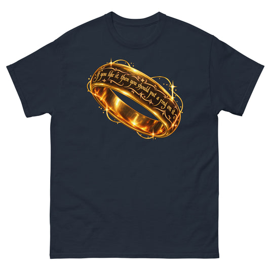 Navy classic T-shirt, front view, featuring Put a Ring on It gold fantasy ring and starburst graphic.