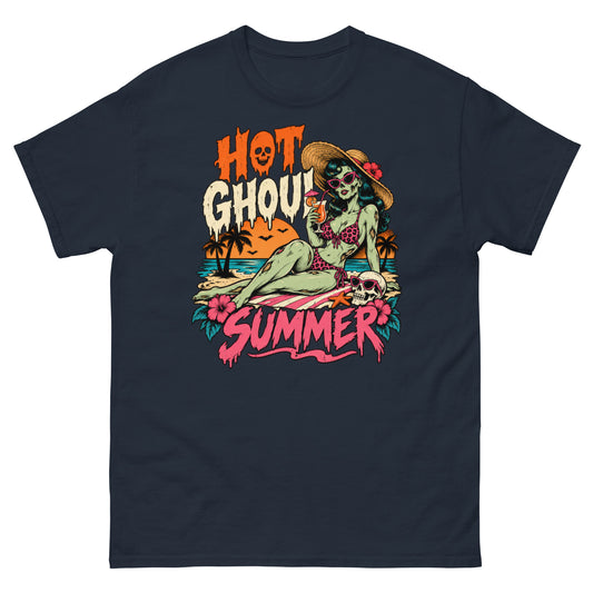 Navy classic T-shirt, front view, featuring the Hot Ghoul Summer zombie pin-up design