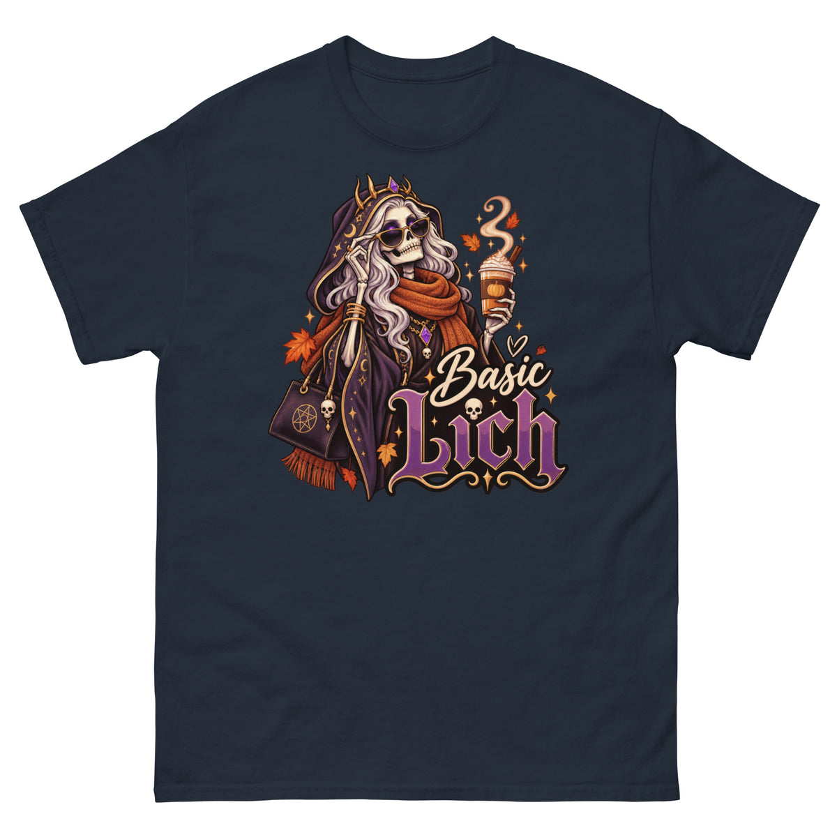 Navy classic T-shirt, front view, featuring the Basic Lich pumpkin spice skeleton design