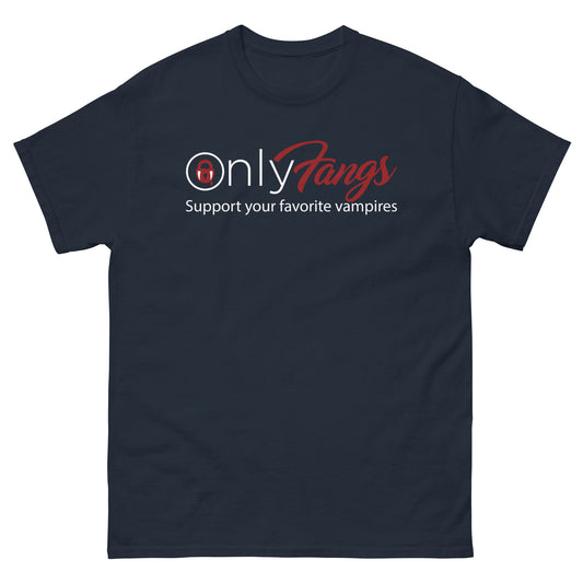 Navy classic T-shirt, front view, featuring the OnlyFangs vampire design