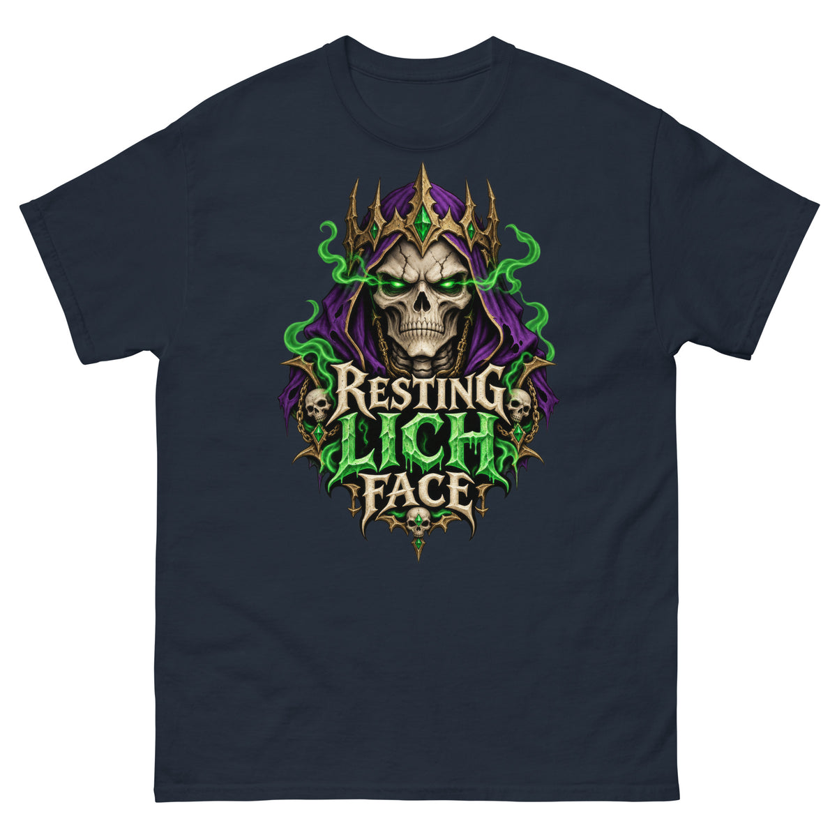 Navy classic T-shirt, front view, featuring the Resting Lich Face crowned skull lich design