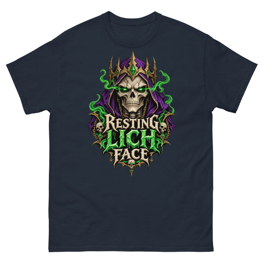 Navy classic T-shirt, front view, featuring the Resting Lich Face crowned skull lich design