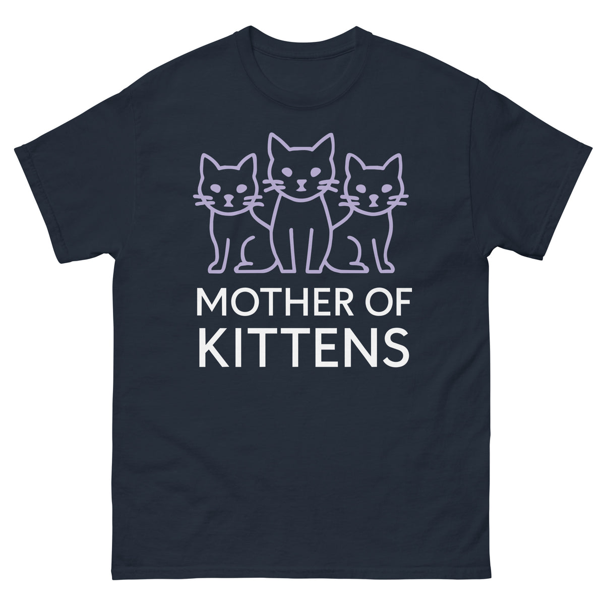 Navy classic T-shirt, front view, featuring the Mother of Kittens Three Cats design