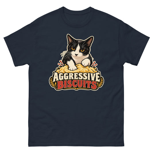 Navy classic T-shirt, front view, featuring the Aggressive Biscuits kneading tuxedo cat design