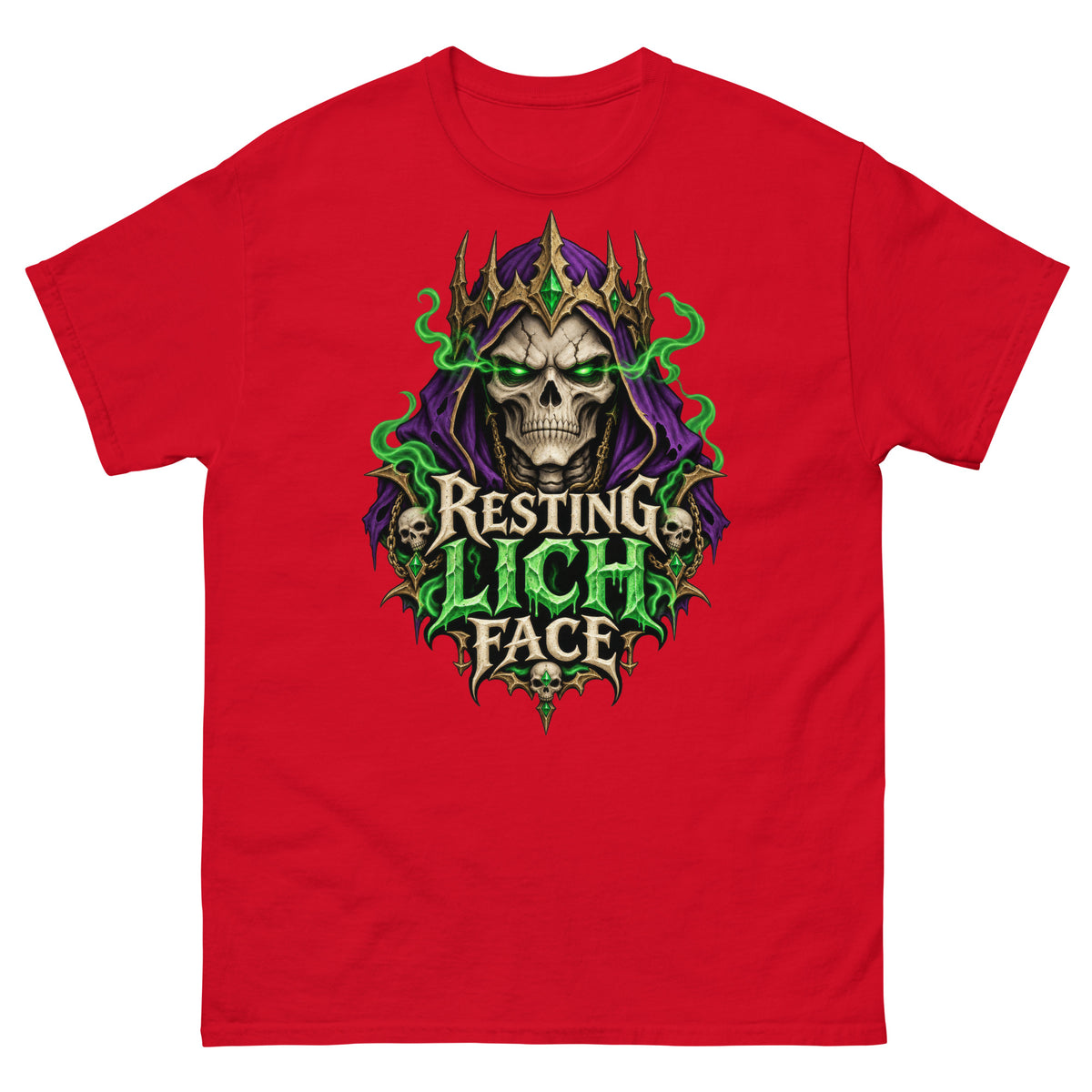 Red classic T-shirt, front view, featuring the Resting Lich Face crowned skull lich design