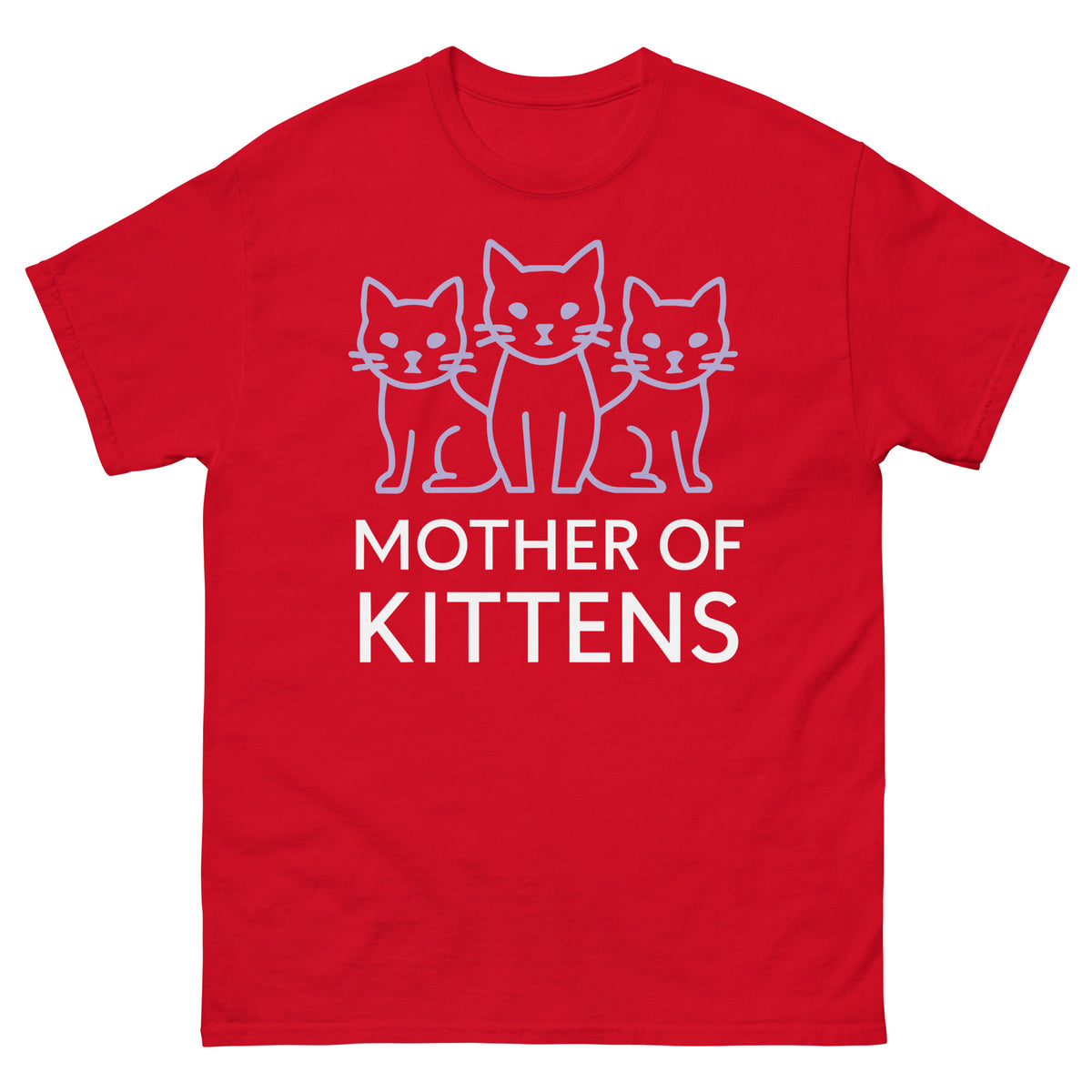 Red classic T-shirt, front view, featuring the Mother of Kittens Three Cats design