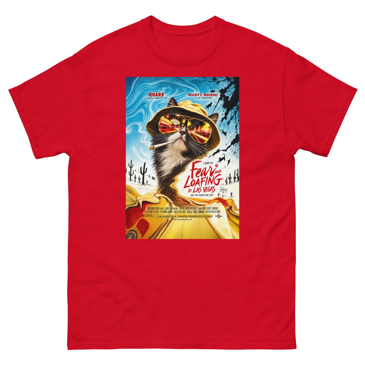 Red classic T-shirt, front view, featuring the Fear and Loafing in Las Vegas Quark cat poster design