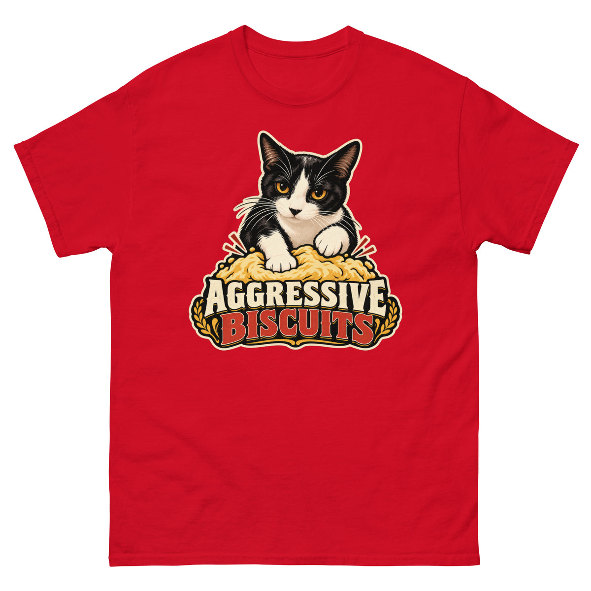Red classic T-shirt, front view, featuring the Aggressive Biscuits kneading tuxedo cat design