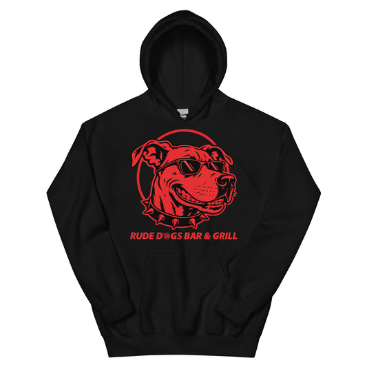 Rude Dog 2026 Pullover Hoodie in black, front view, with red dog graphic and Rude Dogs Bar & Grill lettering