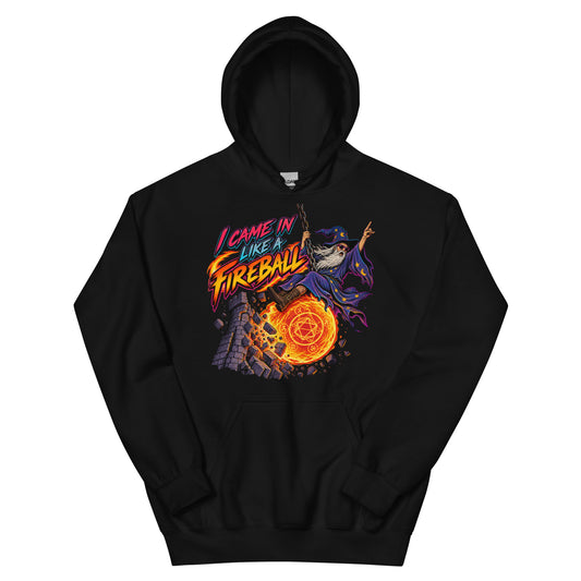 Black pullover hoodie, front view, featuring a cartoon wizard swinging in on a chain behind a blazing fireball, smashing into a crumbling stone tower, with the words I Came In Like a Fireball