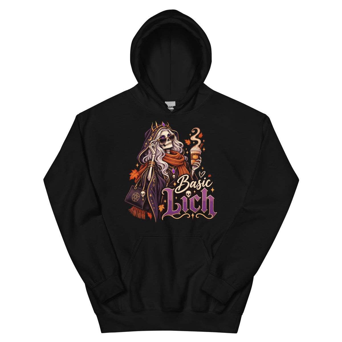 Black pullover hoodie, front view, featuring a crowned skeleton lich queen in sunglasses and an orange scarf holding a pumpkin spice latte, with the words Basic Lich