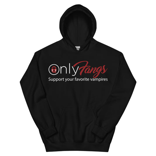 Black pullover hoodie, front view, featuring OnlyFangs in gothic script lettering with a dripping padlock icon